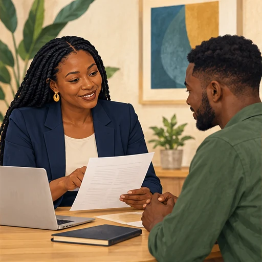 A Ghanaian career adviser discussing a CV with a job seeker