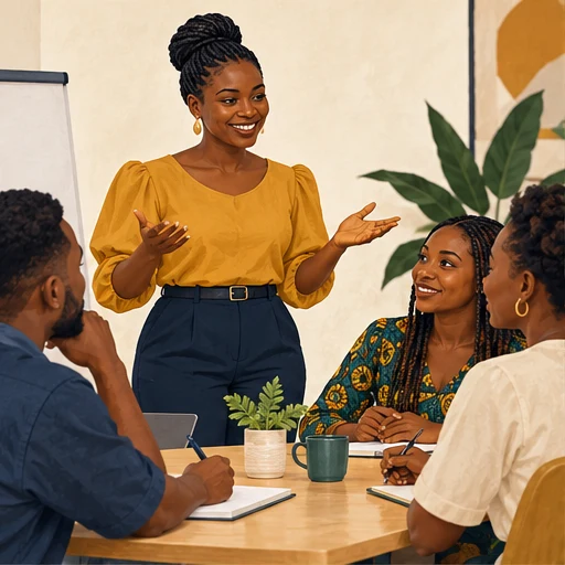A Ghanaian facilitator and participants collaborating during a skills workshop